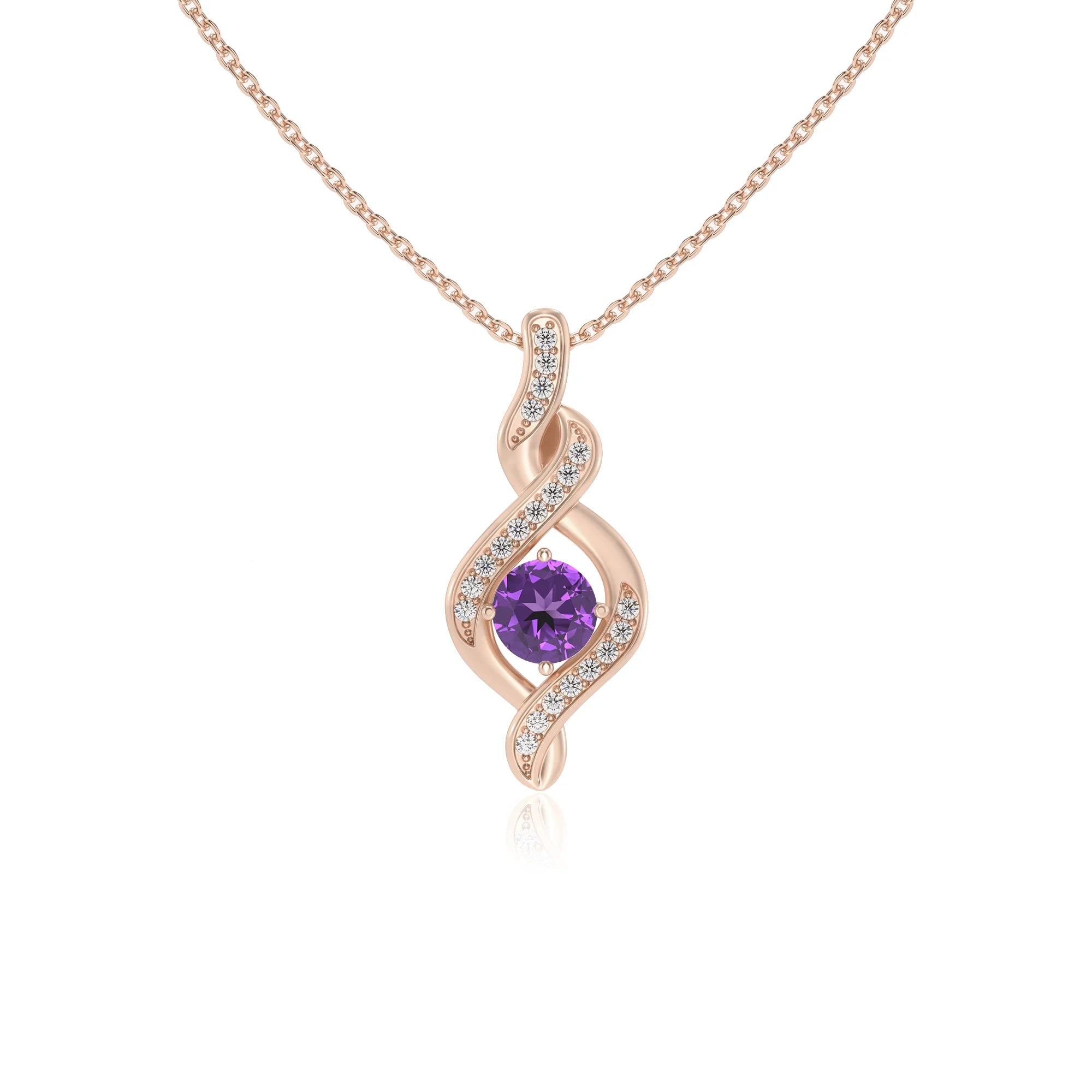 lab grown amethyst round solitaire necklaces in rose gold 