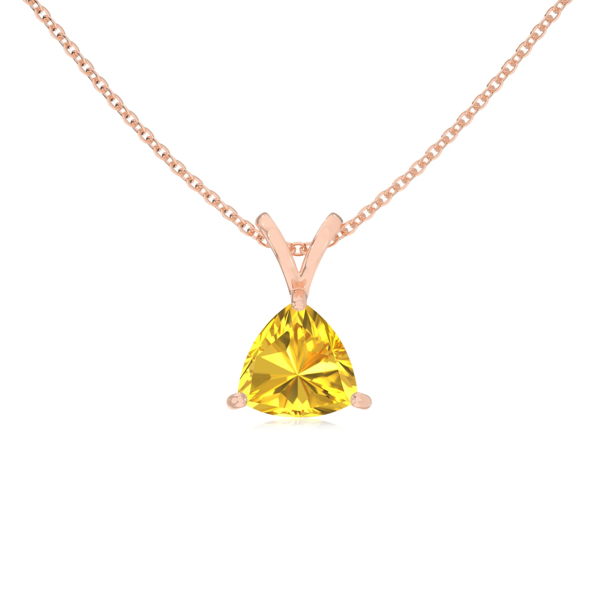 lab grown yellow-sapphire trillion solitaire v-bale necklaces in rose gold 