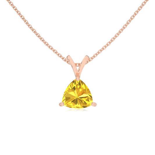 lab grown yellow-sapphire trillion solitaire v-bale necklaces in rose gold 