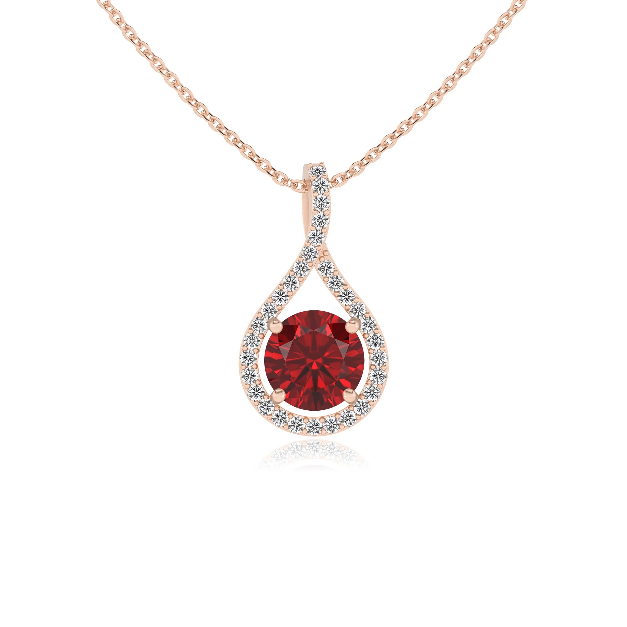 lab grown ruby round solitaire necklaces in rose gold 