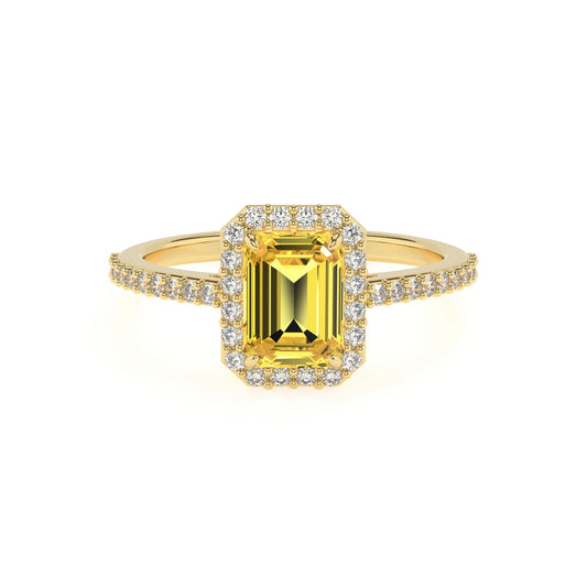 lab grown yellow-sapphire emerald cut solitaire rings in yellow gold 