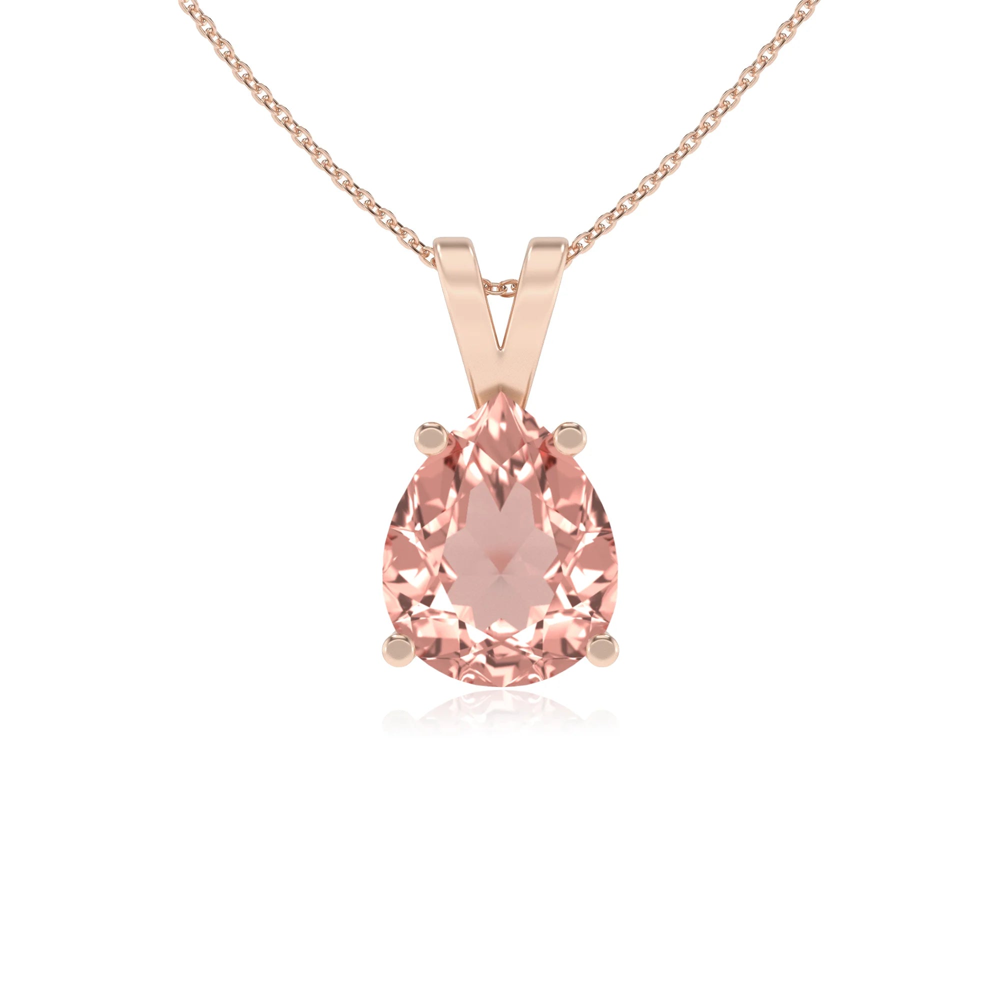 lab grown morganite pear solitaire v-bale necklaces in rose gold 