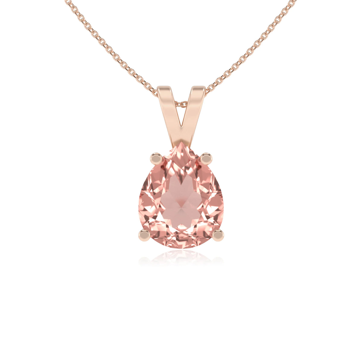 lab grown morganite pear solitaire v-bale necklaces in rose gold 