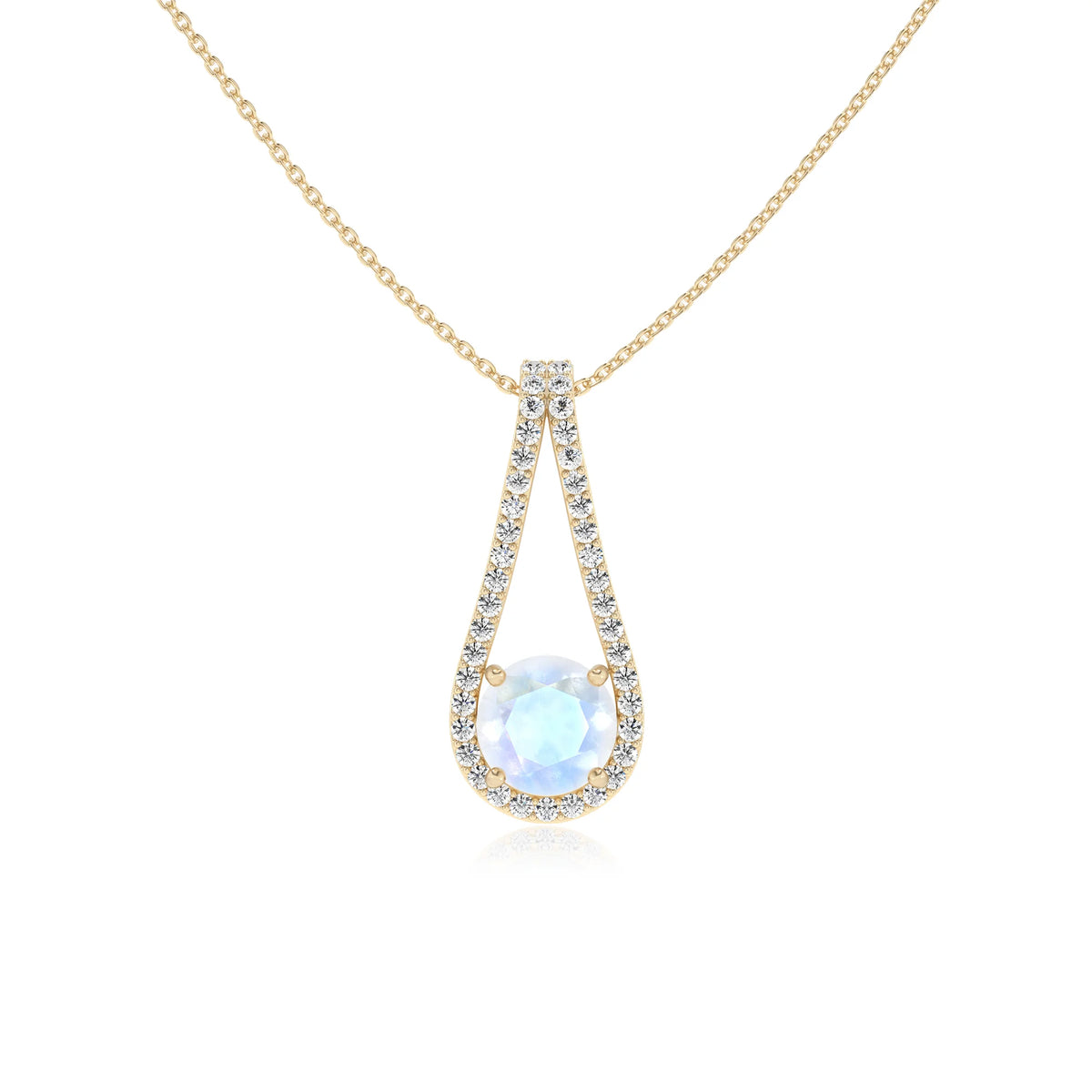 natural rainbow-moonstone round solitaire v-bale necklaces in yellow gold 
