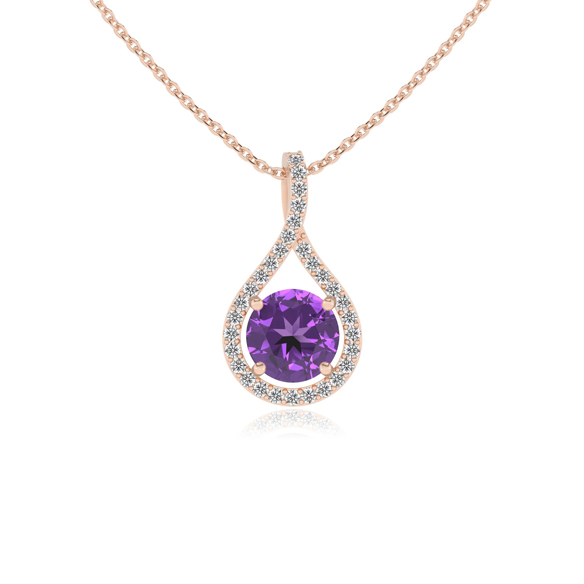 lab grown amethyst round solitaire necklaces in rose gold 