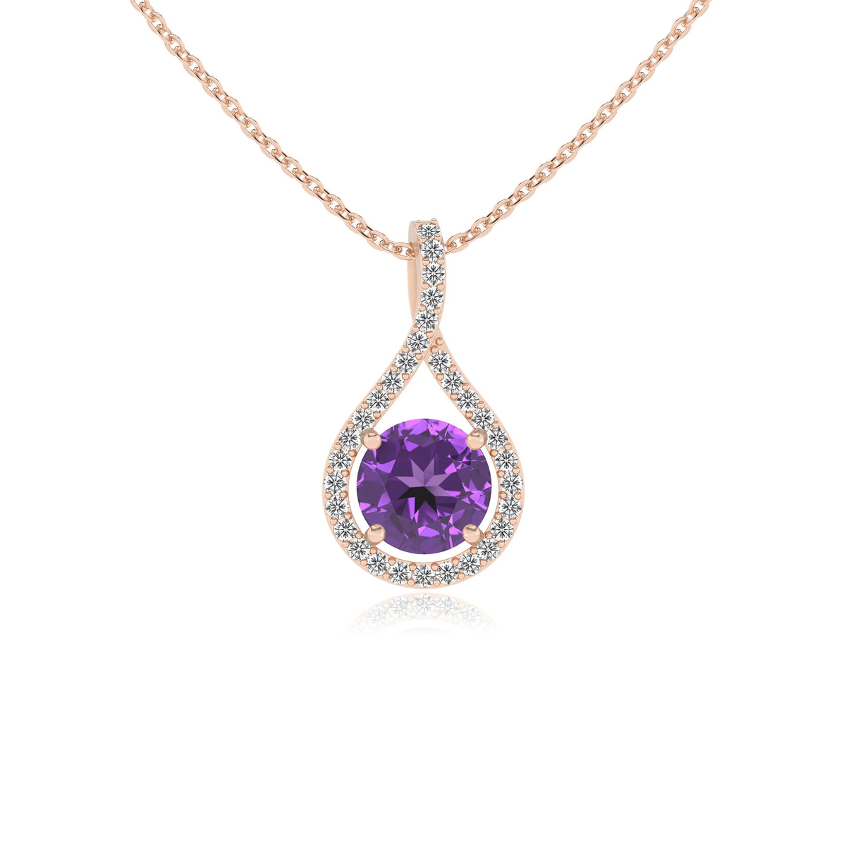 lab grown amethyst round solitaire necklaces in rose gold 