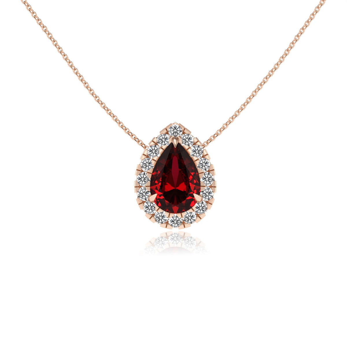 lab grown ruby pear solitaire necklaces in rose gold 