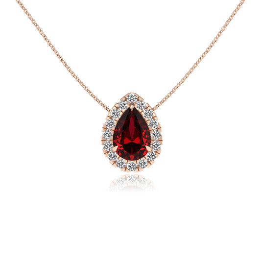 lab grown ruby pear solitaire necklaces in rose gold 