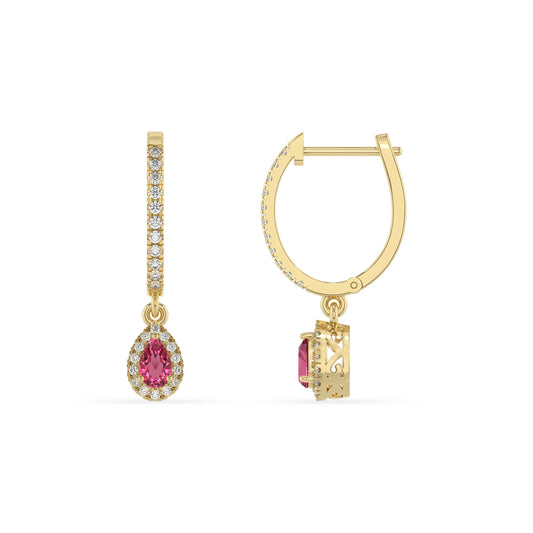 lab grown pink tourmaline pear drop earrings in yellow gold 