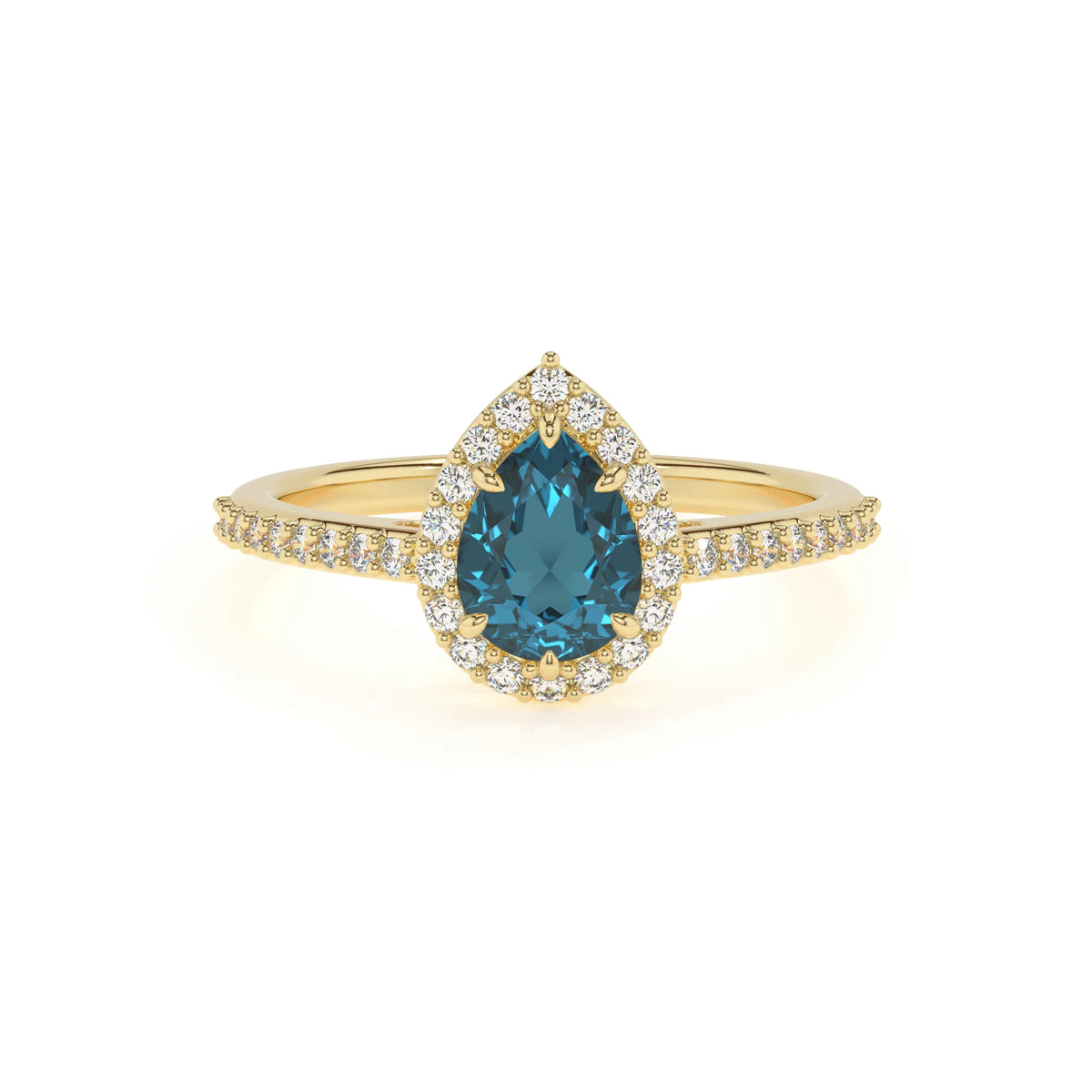 natural london-blue-topaz pear solitaire rings in yellow gold 