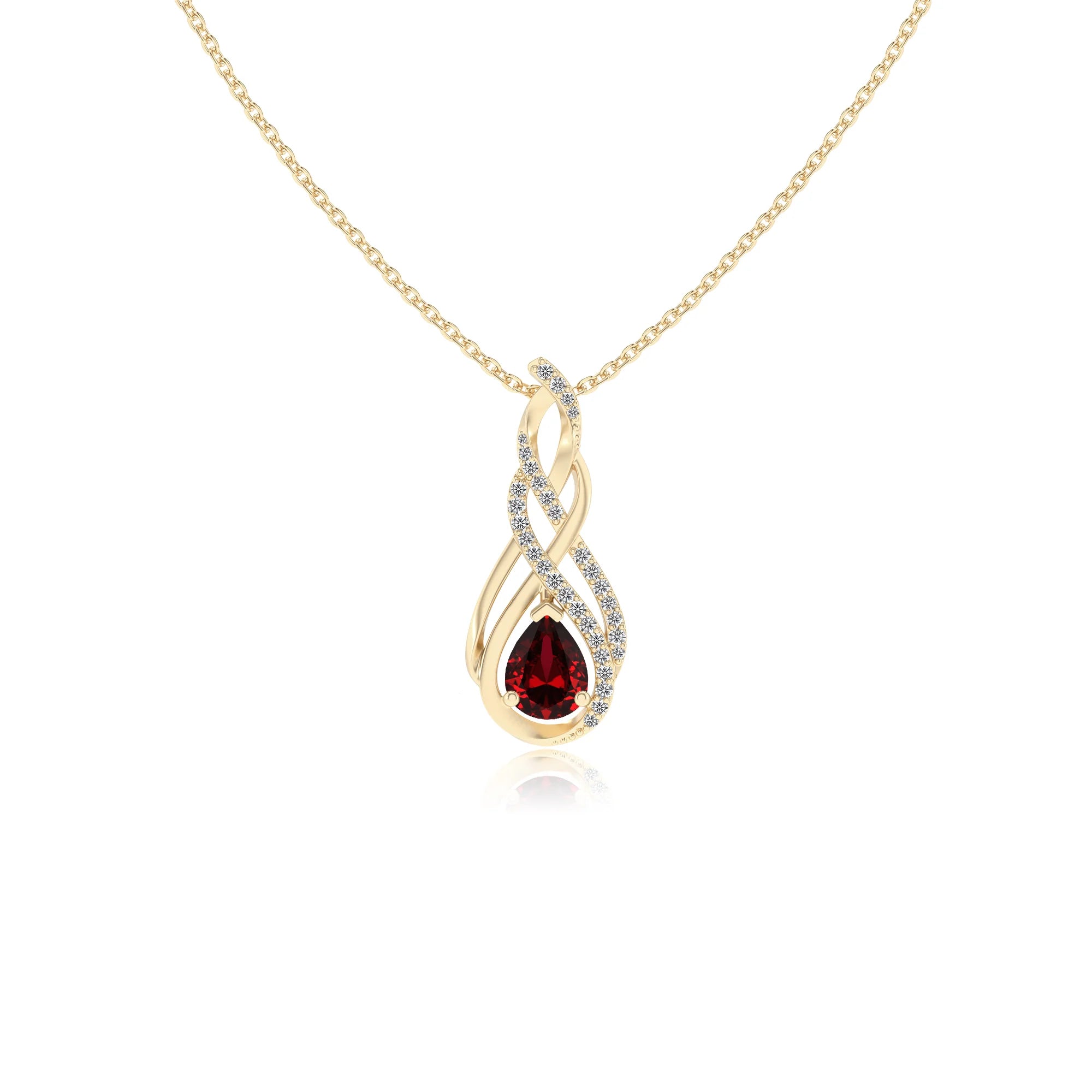 lab grown ruby pear solitaire necklaces in yellow gold 