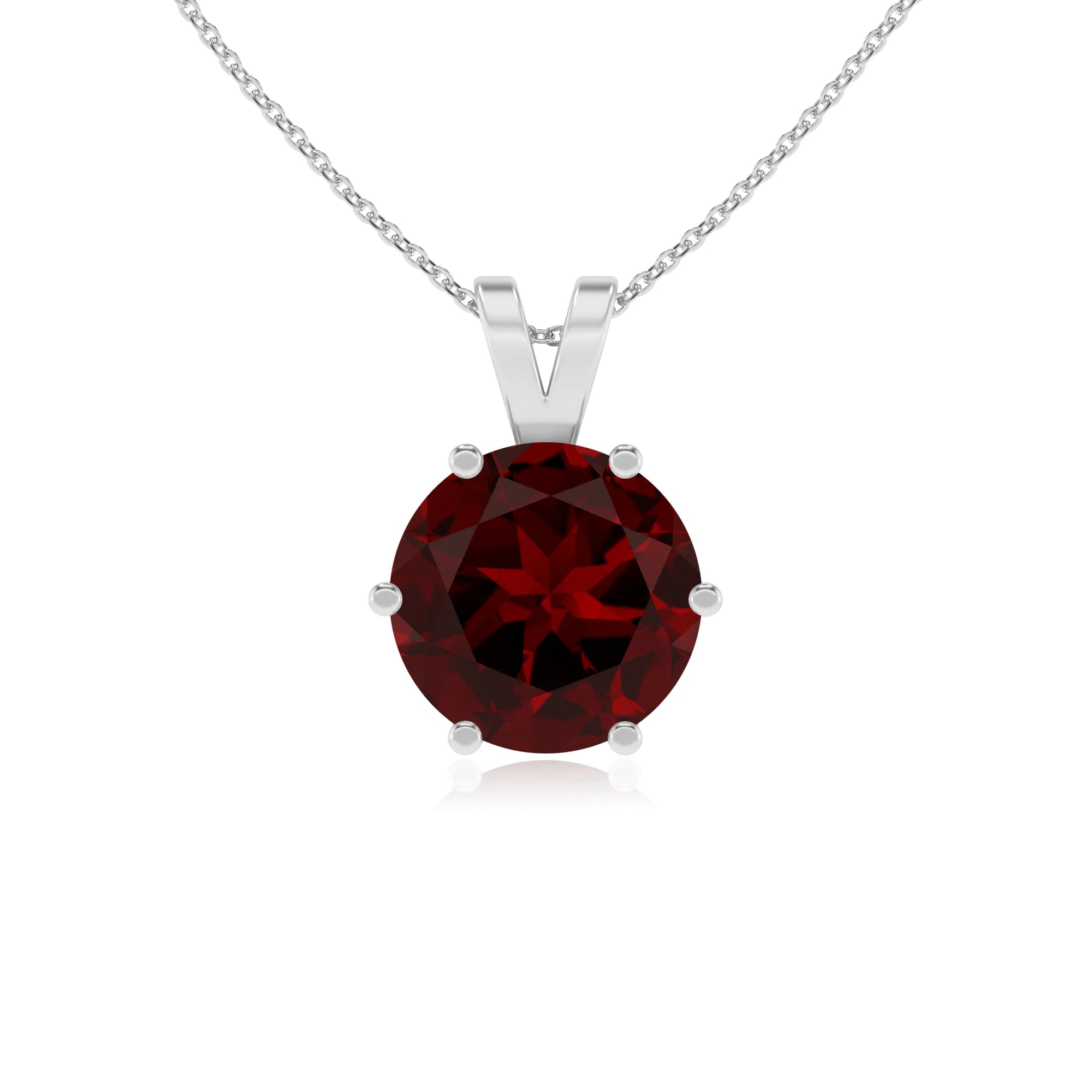 natural garnet round solitaire v-bale necklaces in white gold 
