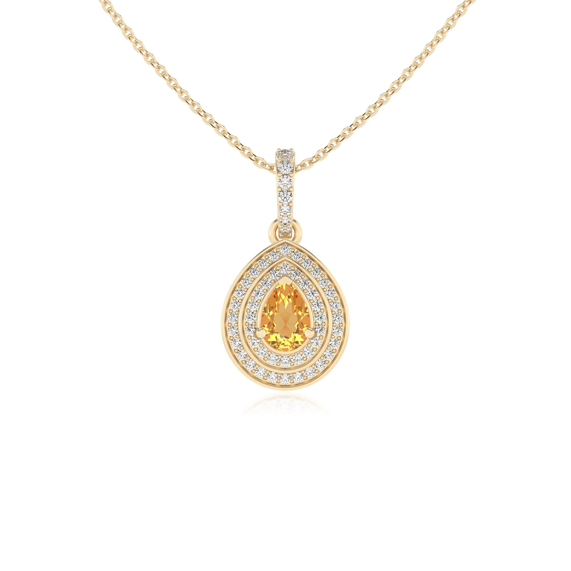 lab grown citrine pear halo necklaces in yellow gold 