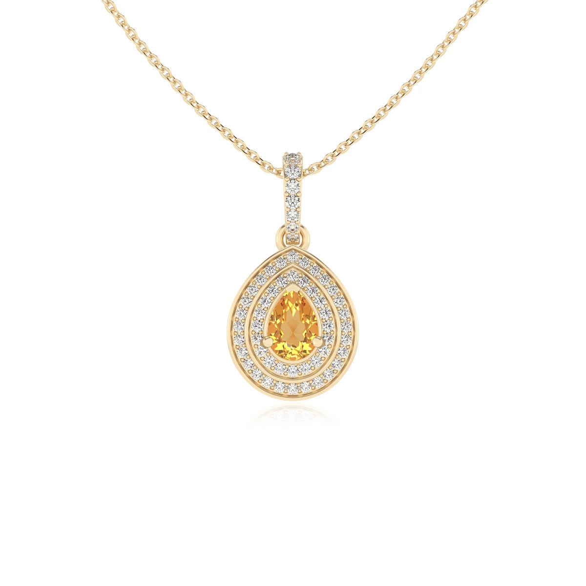 lab grown citrine pear halo necklaces in yellow gold 