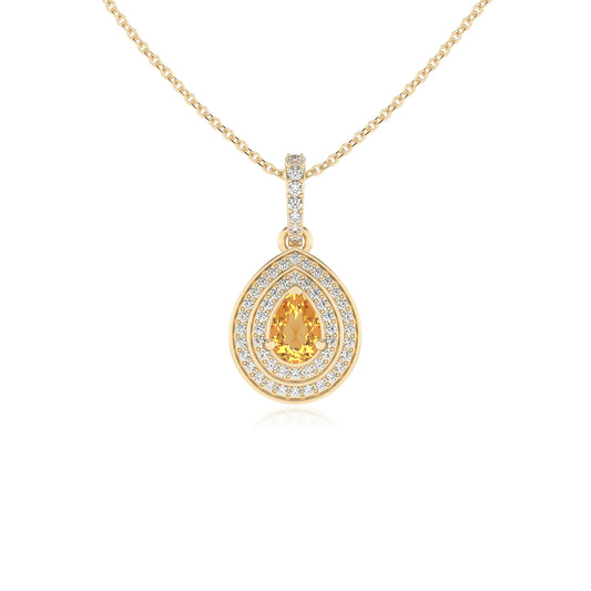 lab grown citrine pear halo necklaces in yellow gold 
