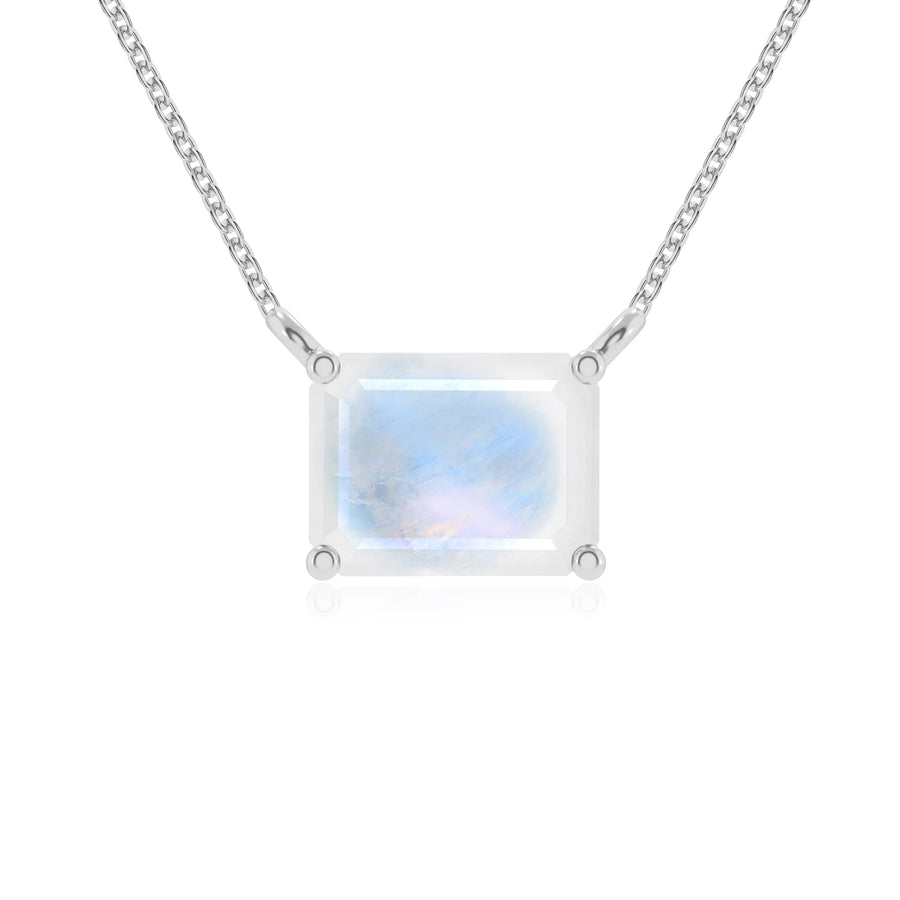 natural rainbow-moonstone emerald cut solitaire necklaces in white gold 