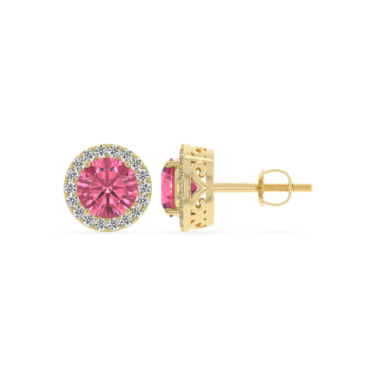 lab grown pink tourmaline round stud earrings in yellow gold 