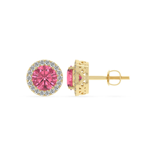 lab grown pink tourmaline round stud earrings in yellow gold 