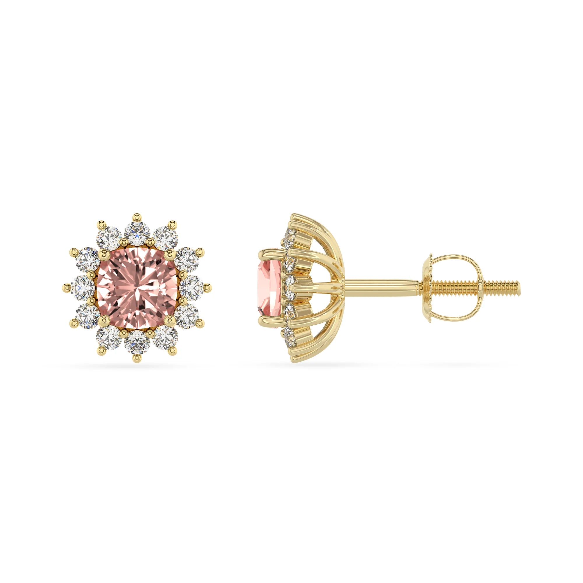 lab grown morganite cushion stud earrings in yellow gold 