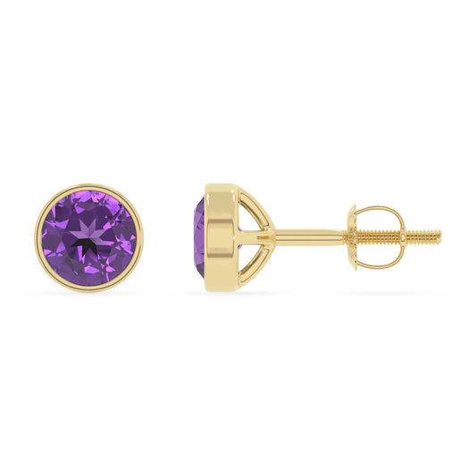 lab grown amethyst round stud earrings in yellow gold 
