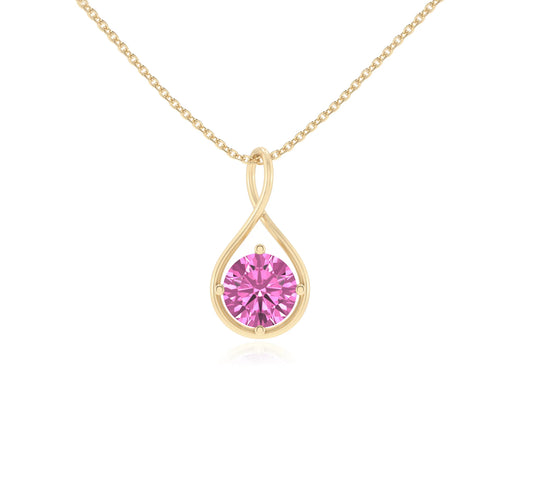 lab grown pink-sapphire round solitaire necklaces in yellow gold 