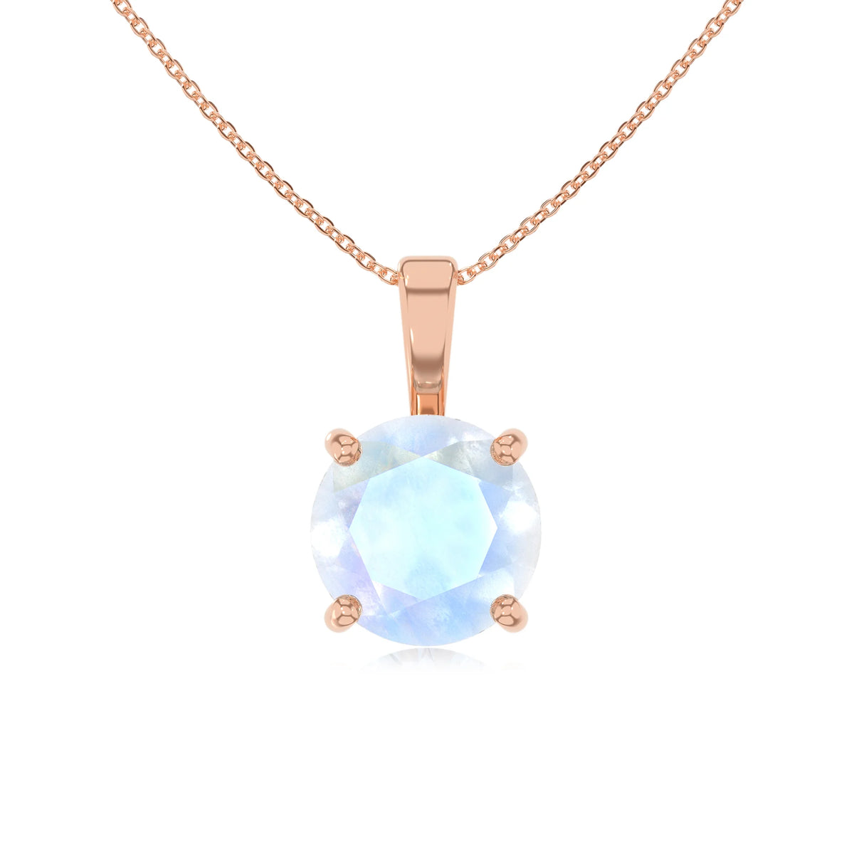 natural rainbow-moonstone round solitaire necklaces in rose gold 