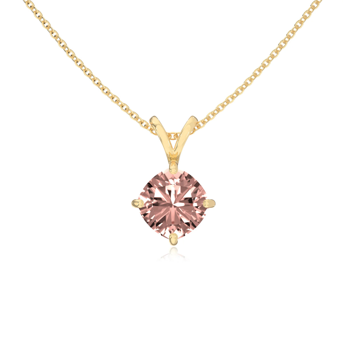 lab grown morganite cushion solitaire v-bale necklaces in yellow gold 