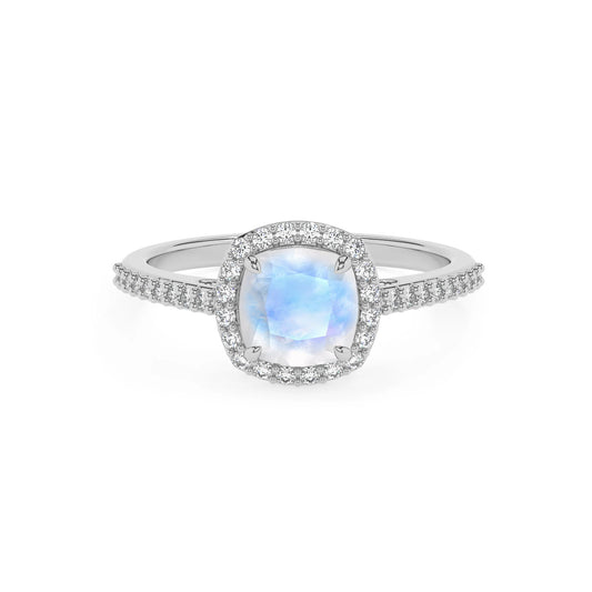 natural rainbow-moonstone cushion solitaire rings in white gold 
