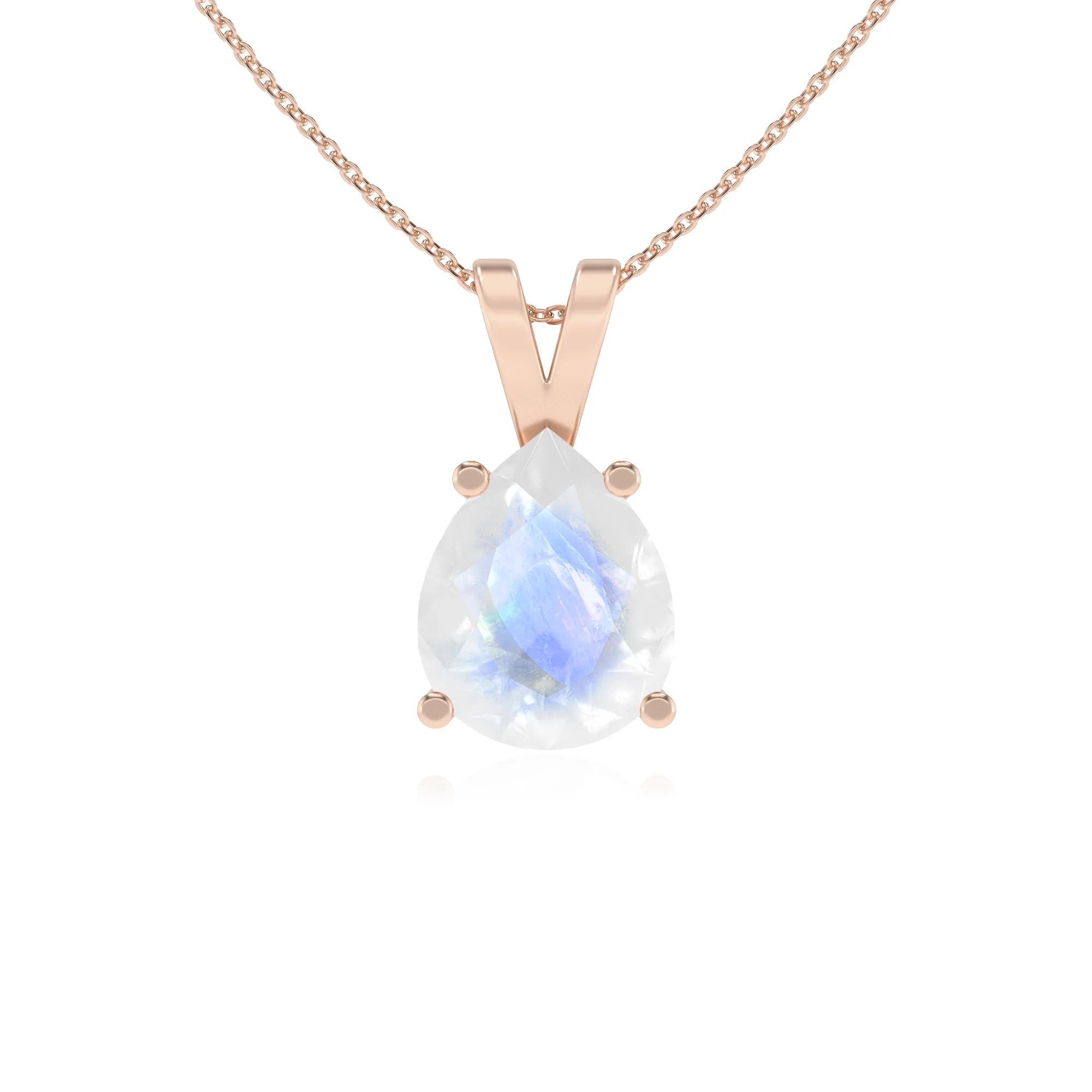 natural rainbow-moonstone pear solitaire v-bale necklaces in rose gold 