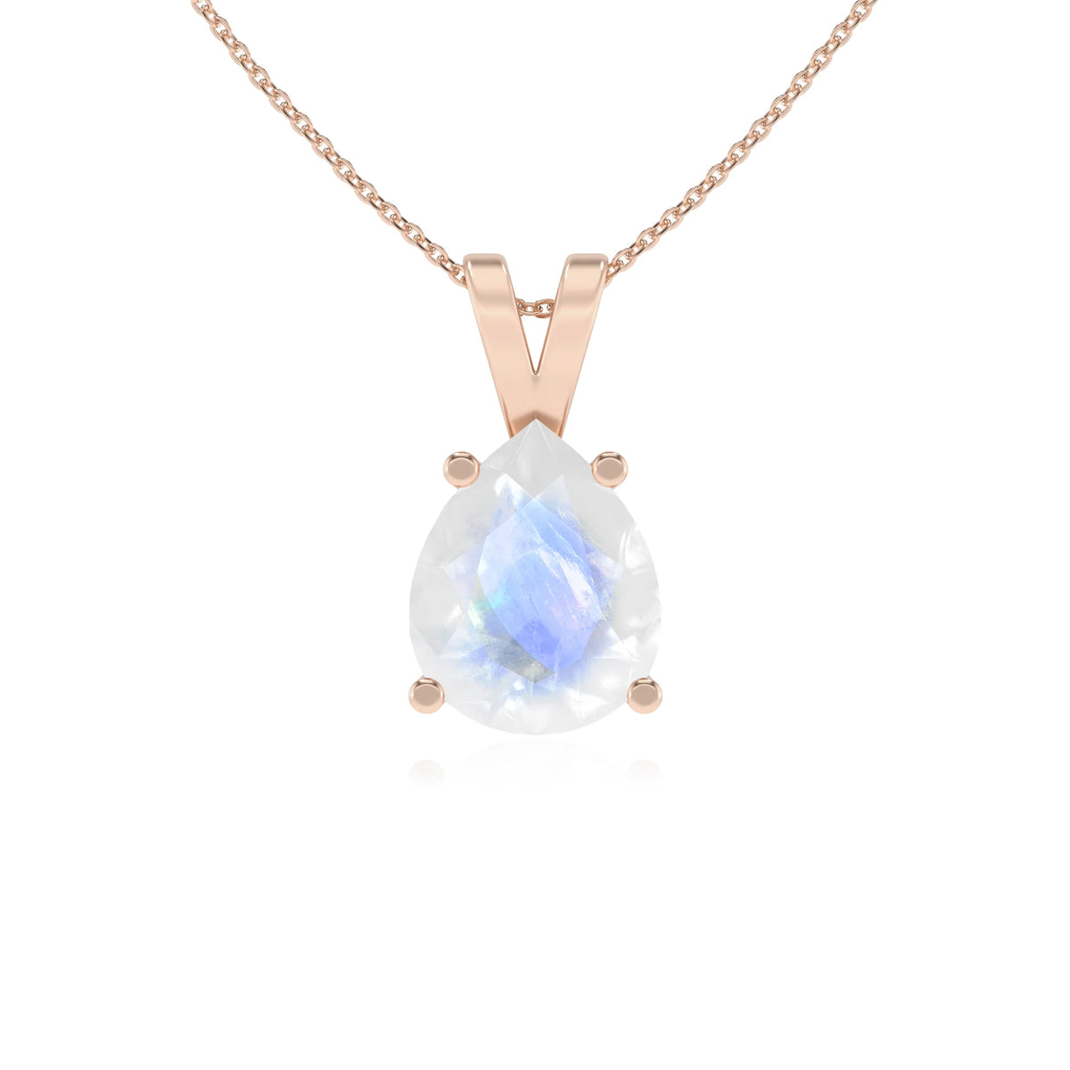 natural rainbow-moonstone pear solitaire v-bale necklaces in rose gold 