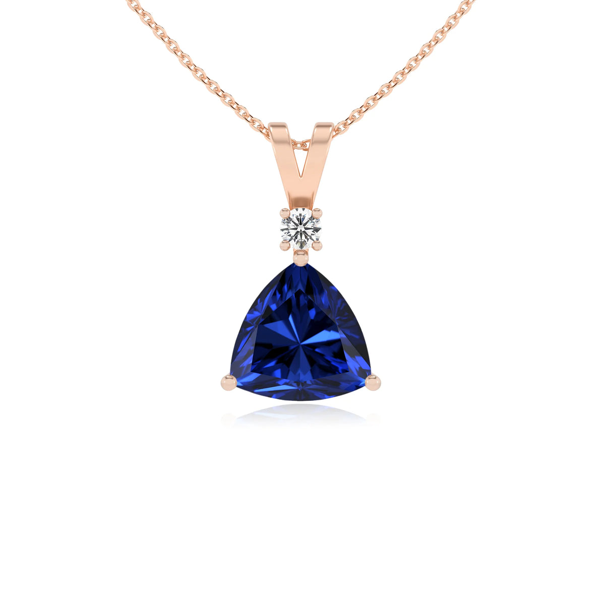 lab grown blue-sapphire trillion solitaire v-bale necklaces in rose gold 