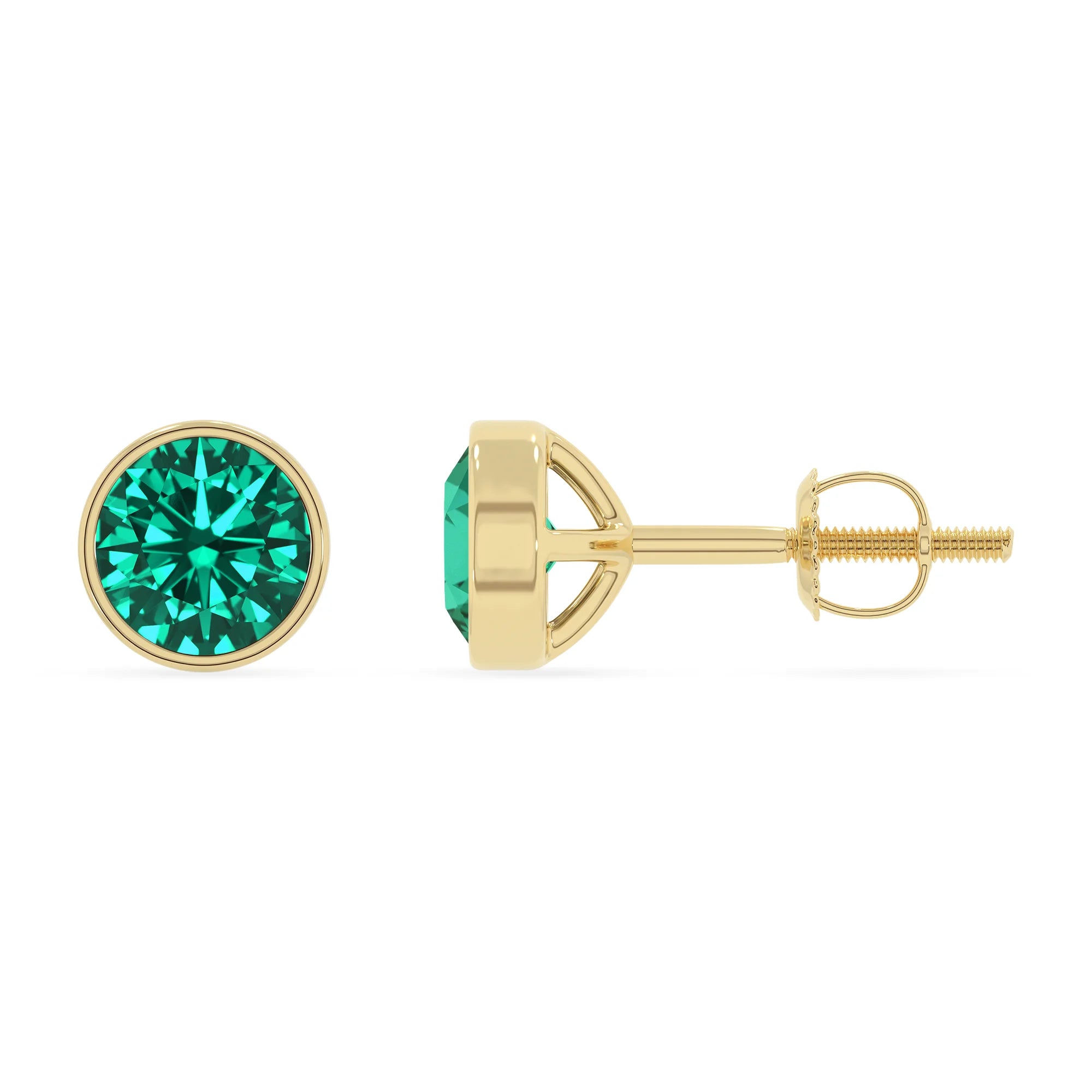 lab grown emerald round stud earrings in yellow gold 
