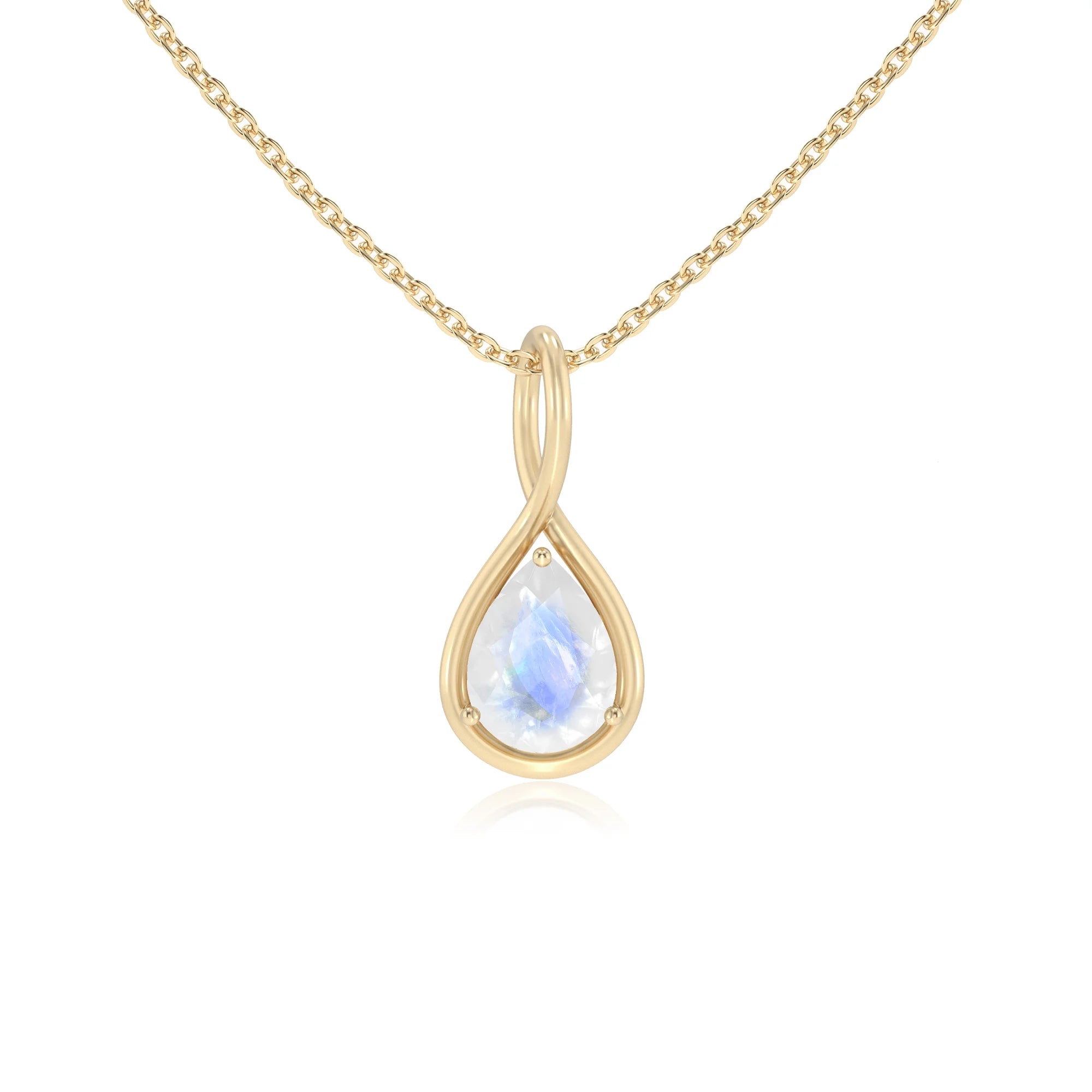 natural rainbow-moonstone pear solitaire necklaces in yellow gold 