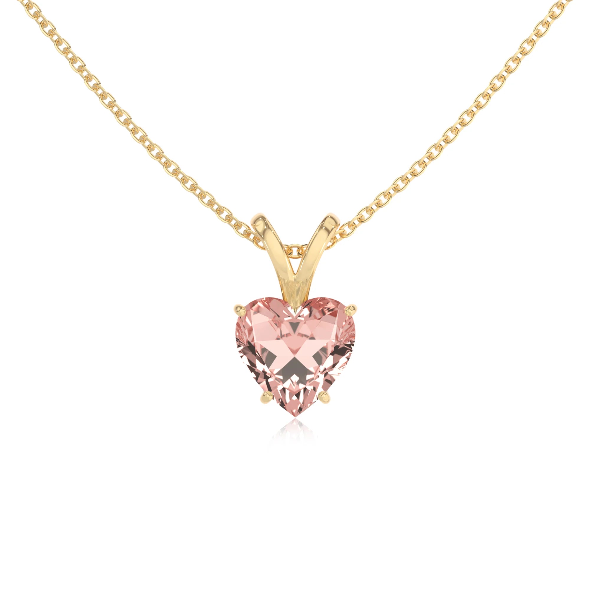 lab grown morganite heart solitaire v-bale necklaces in yellow gold 