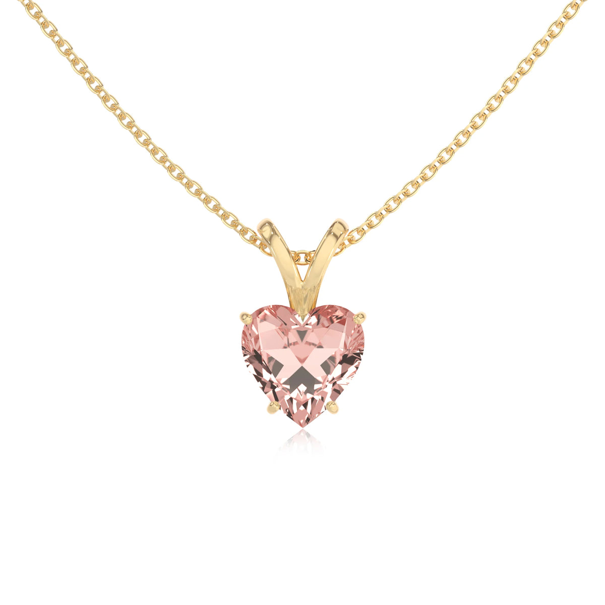 lab grown morganite heart solitaire v-bale necklaces in yellow gold 