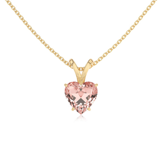 lab grown morganite heart solitaire v-bale necklaces in yellow gold 