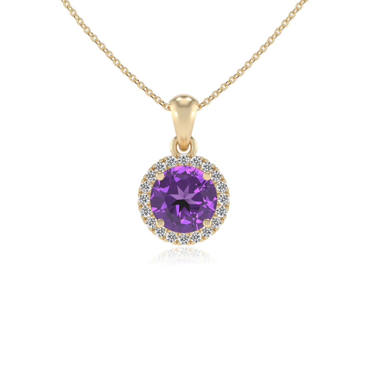 lab grown amethyst round solitaire necklaces in yellow gold 