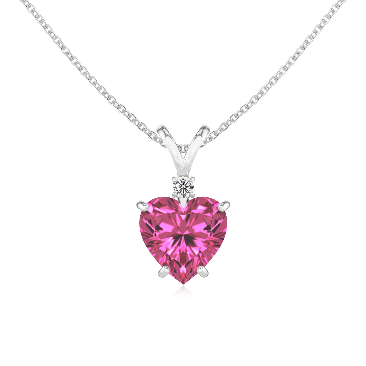 lab grown pink-sapphire heart solitaire v-bale necklaces in platinum 