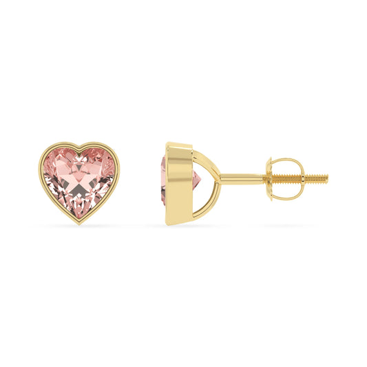 lab grown morganite heart stud earrings in yellow gold 