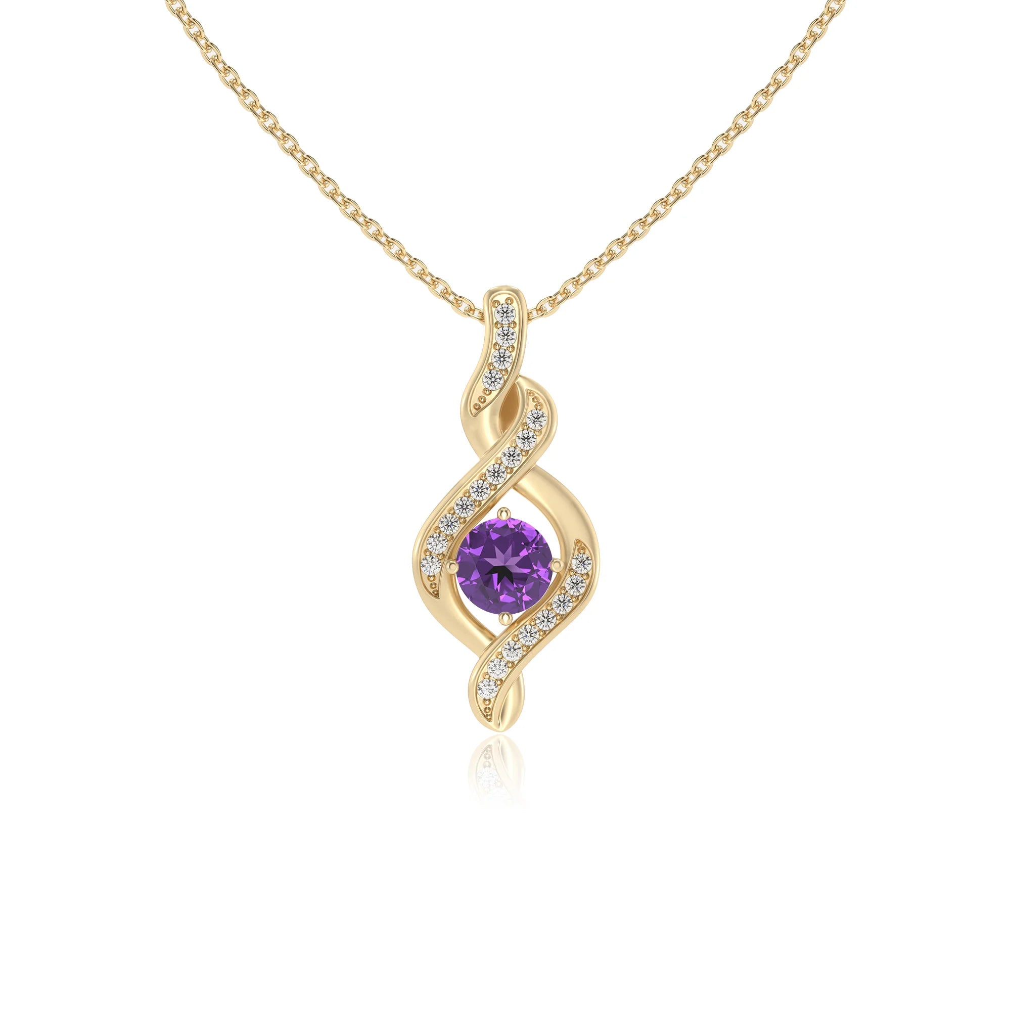 lab grown amethyst round solitaire necklaces in yellow gold 