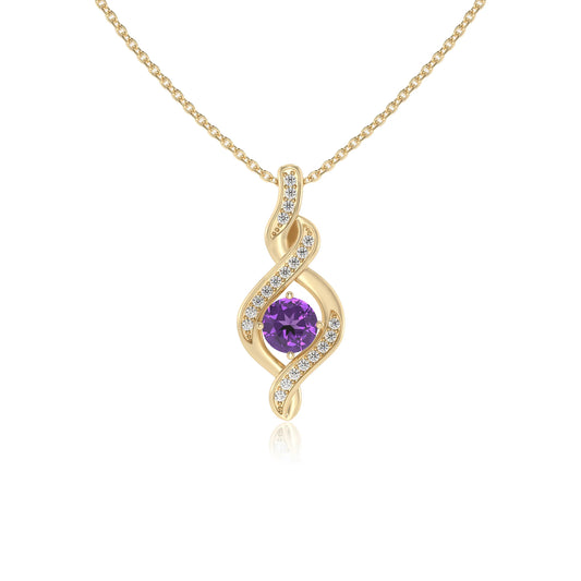 lab grown amethyst round solitaire necklaces in yellow gold 