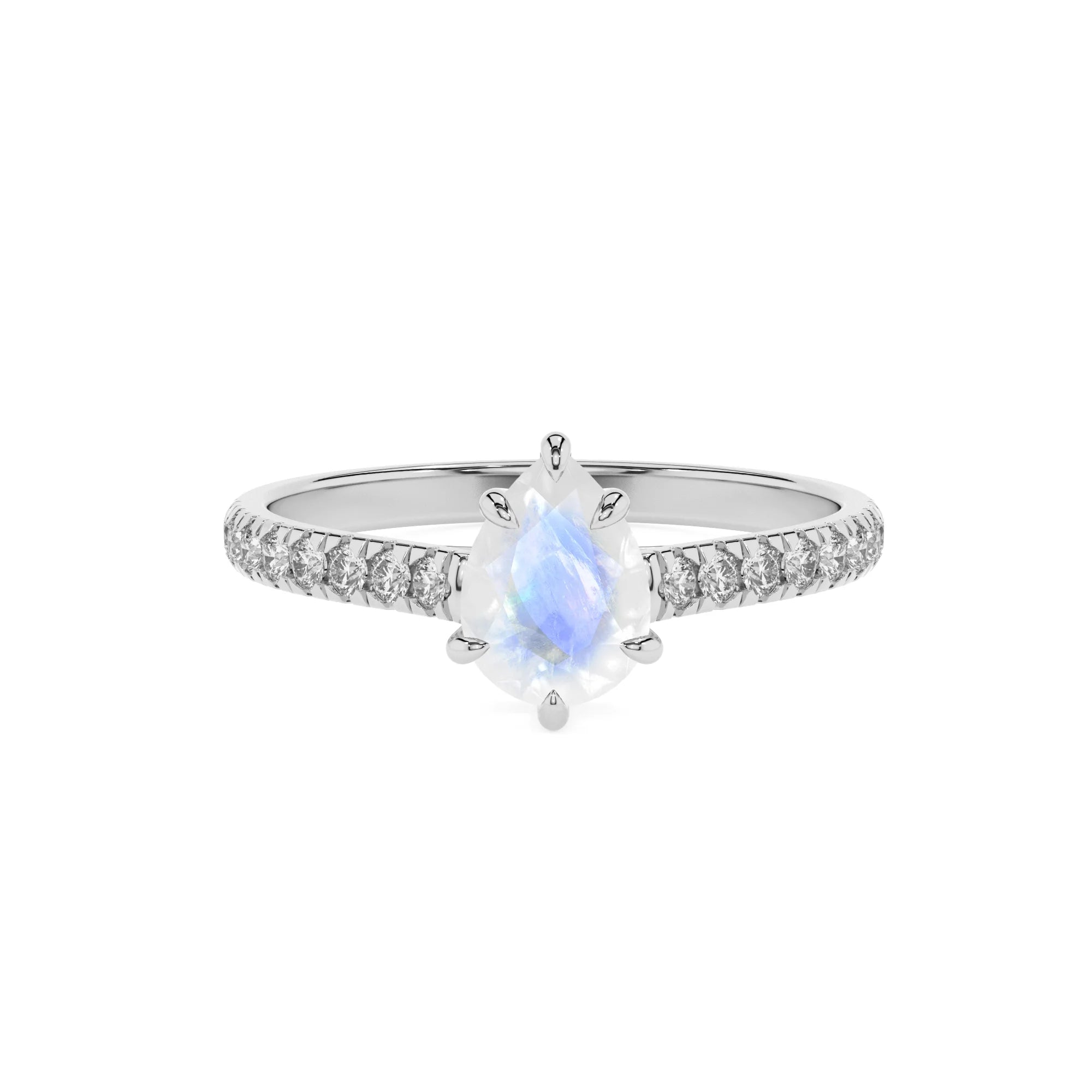 natural rainbow-moonstone pear half eternity solitaire engagement rings in white gold 
