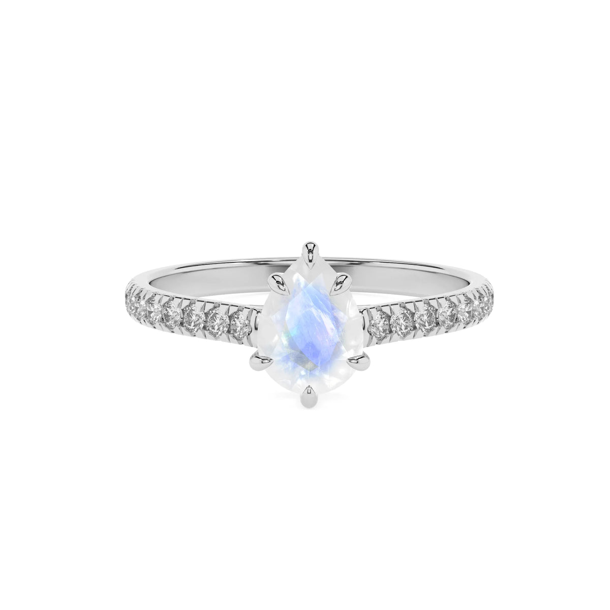 natural rainbow-moonstone pear half eternity solitaire engagement rings in white gold 