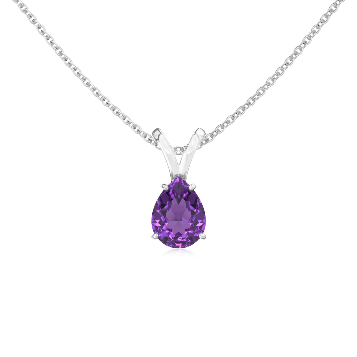lab grown amethyst pear solitaire v-bale necklaces in sterling silver 