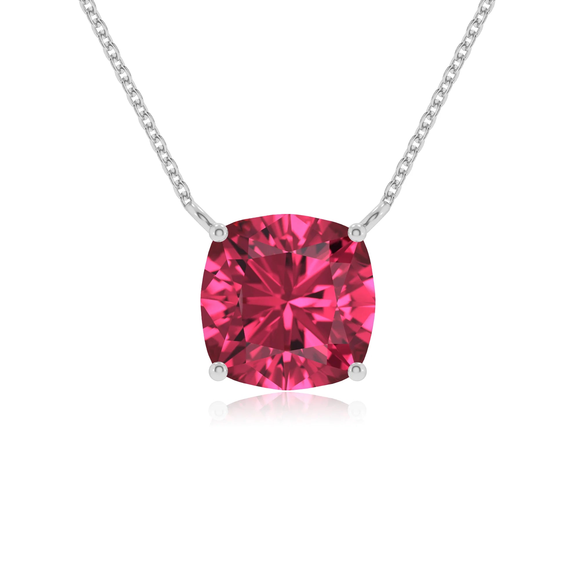 lab grown pink-tourmaline cushion solitaire necklaces in white gold 