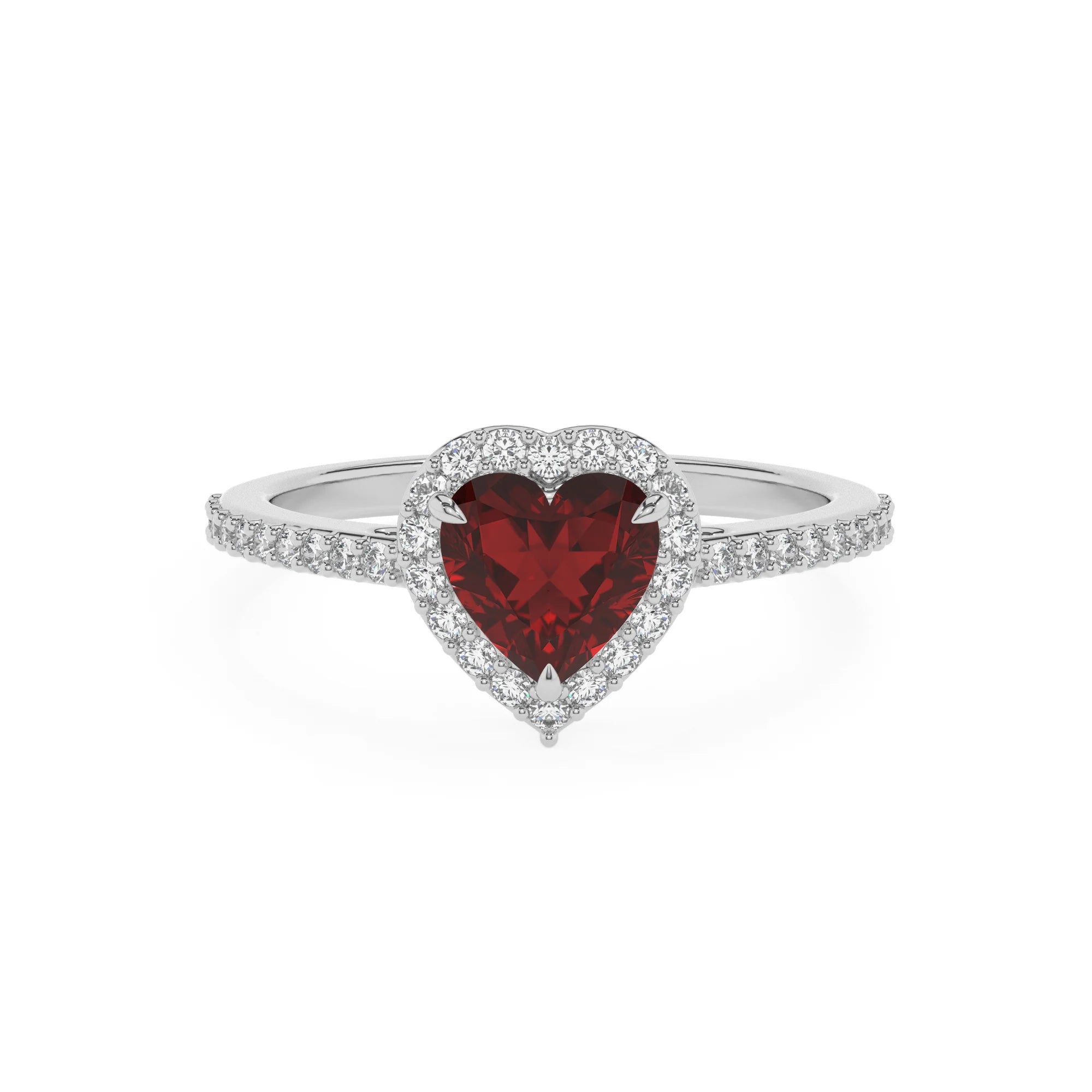 natural garnet heart solitaire rings in white gold 