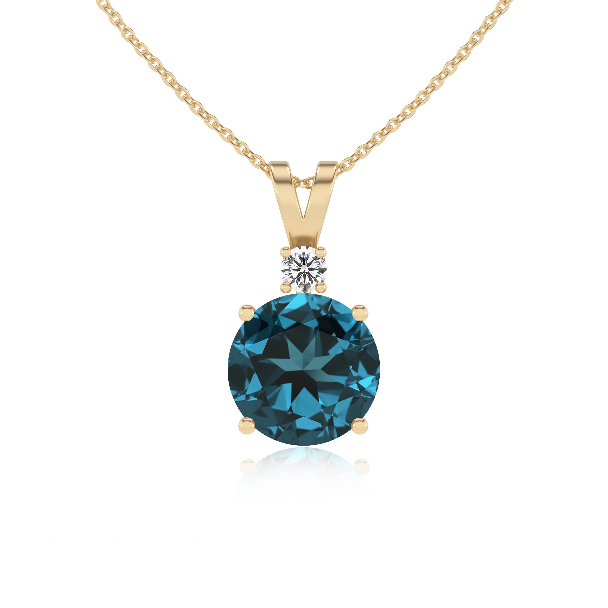 natural london-blue-topaz round solitaire v-bale necklaces in yellow gold 