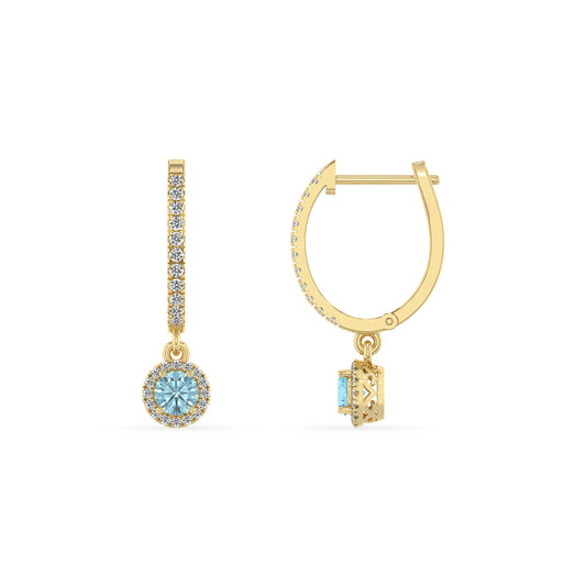lab grown aquamarine round drop earrings in yellow gold 