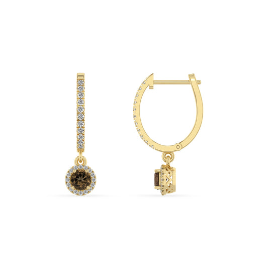 natural smoky quartz round drop earrings in yellow gold 