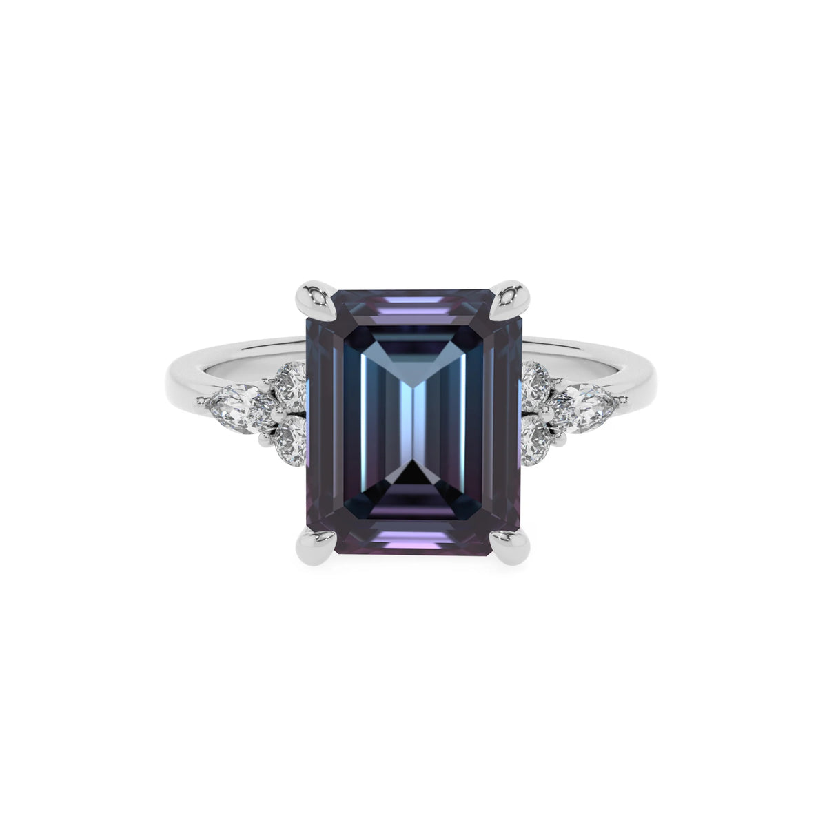 lab grown alexandrite emerald cut solitaire rings in white gold 
